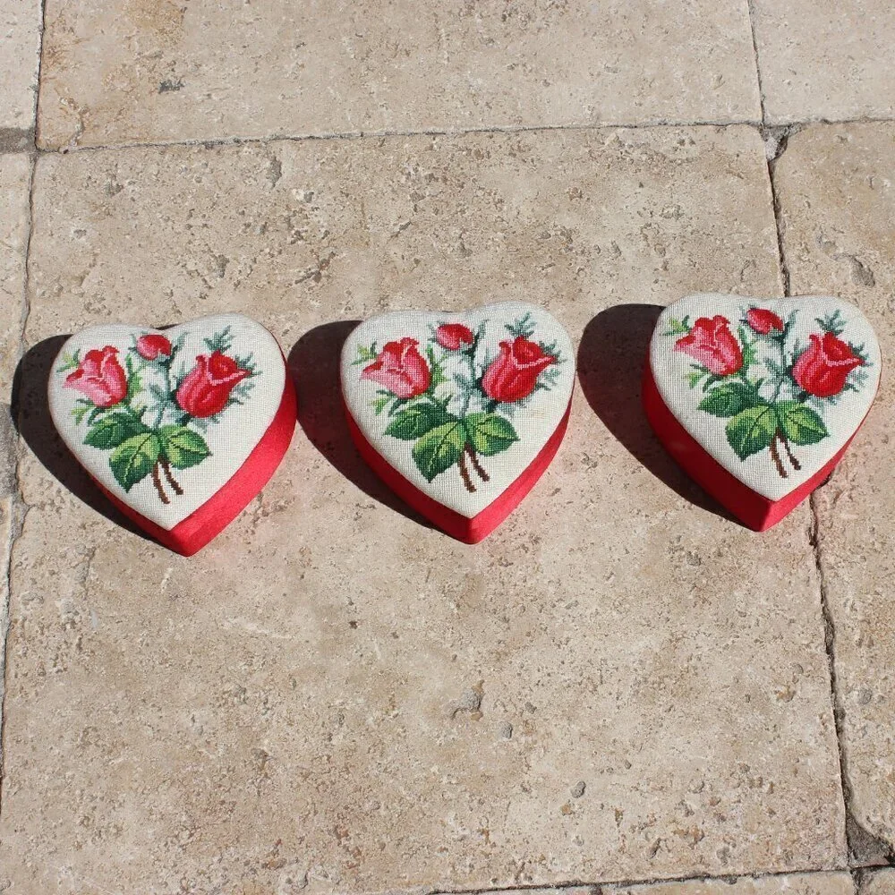 Needlepoint Mini Petite Stitch Roses Floral Red Heart Containers Set of 3